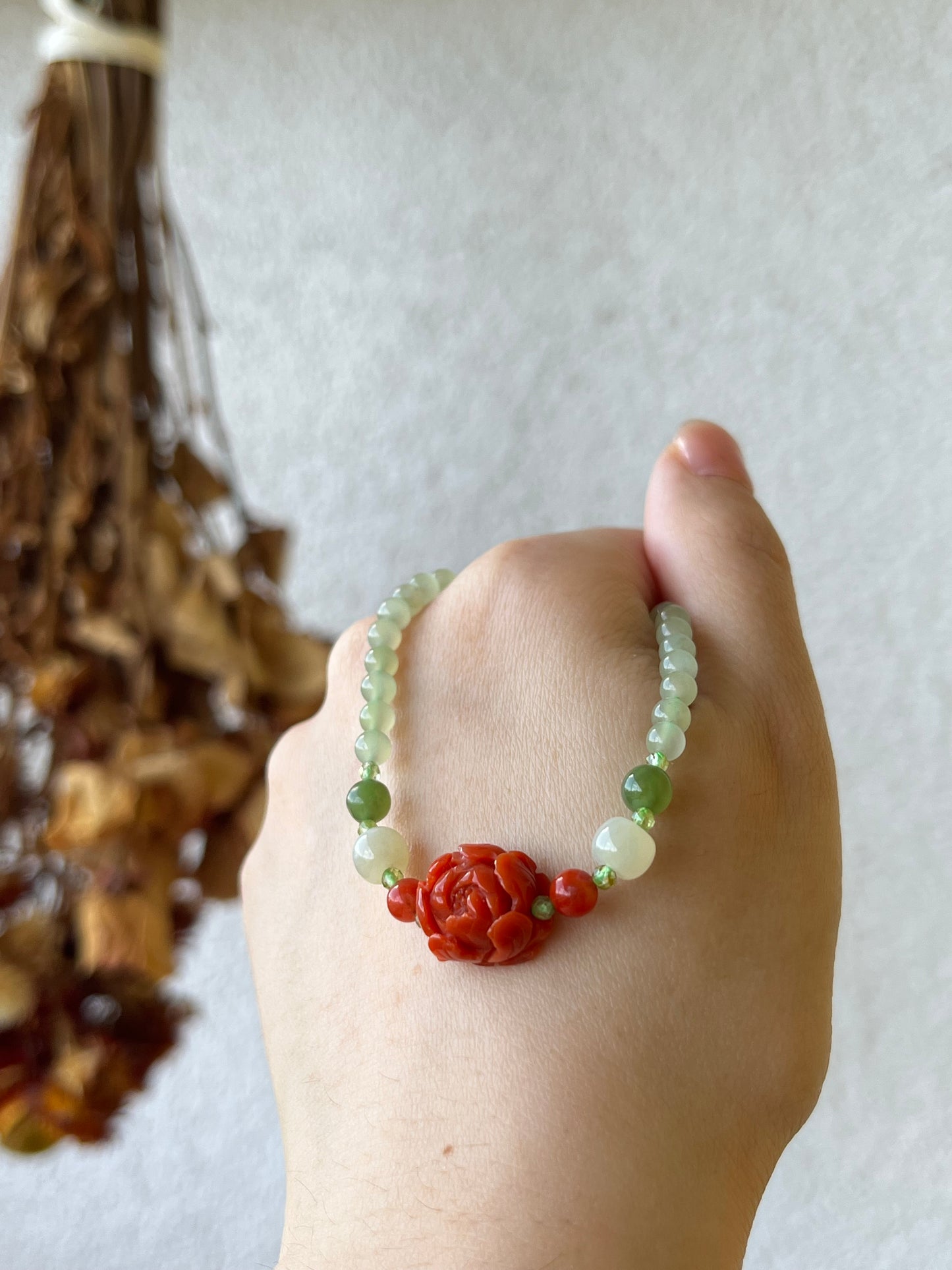 Handmade Necklace with 4mm Nephrite Beads and a Nanhong Agate Peony Flower, 和田冰晴水南红牡丹项链