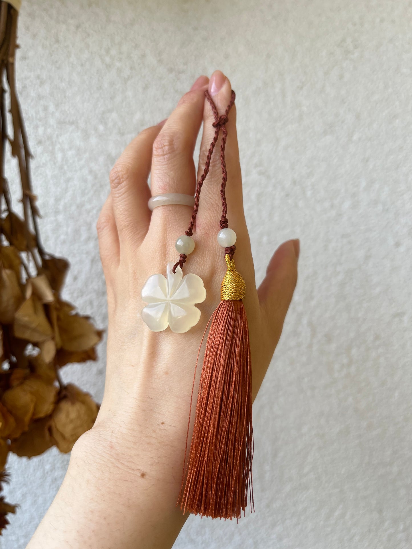 Handmade Xiu Jade Four Leaf Clover Bag Charm | 岫玉四叶草包挂