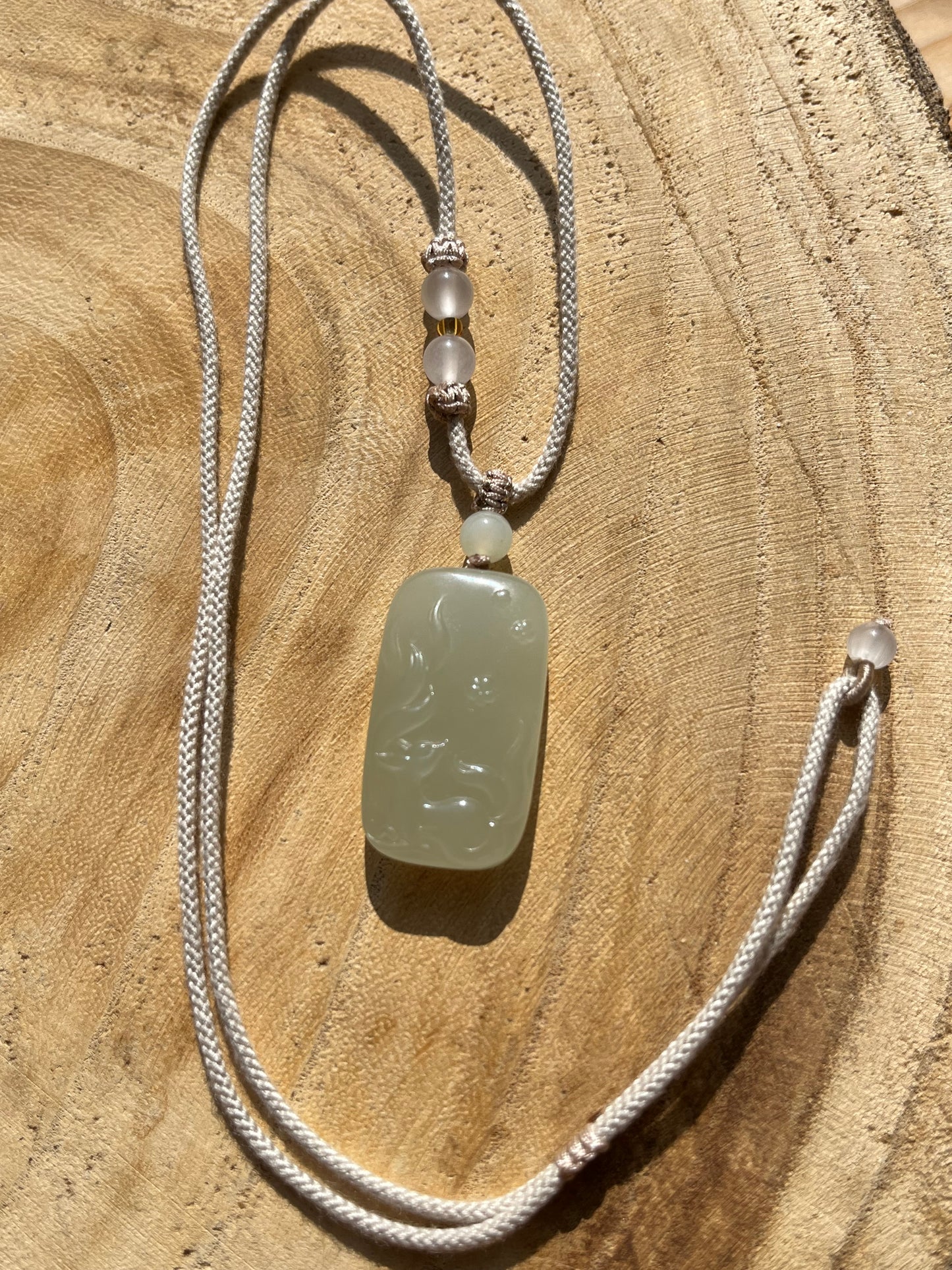 Hand Carved Jade Nine-Tailed Fox Pendant, 手雕晴水冰胶九尾狐 & 无事牌