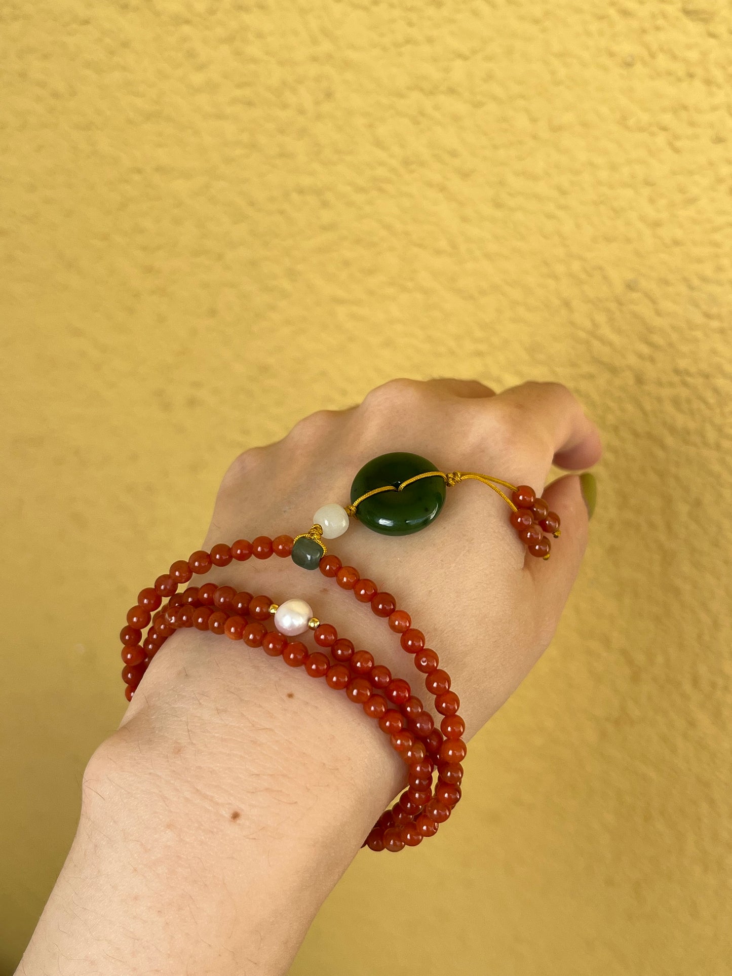 Multi-Function Three Loop Southern Red Agate Beaded Bracelet with a Green Hetian Jade PI pendant (ping an kou), 南红多圈手串加碧玉平安扣