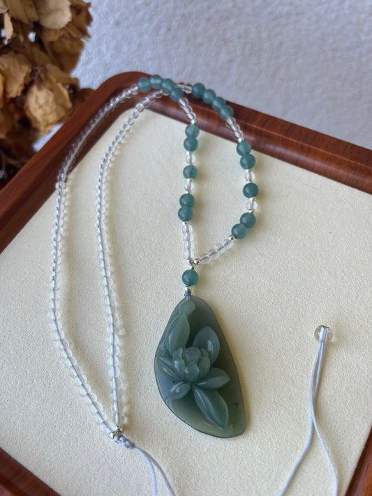 Hand Carved Blue Xiu Jade Lotus Necklace