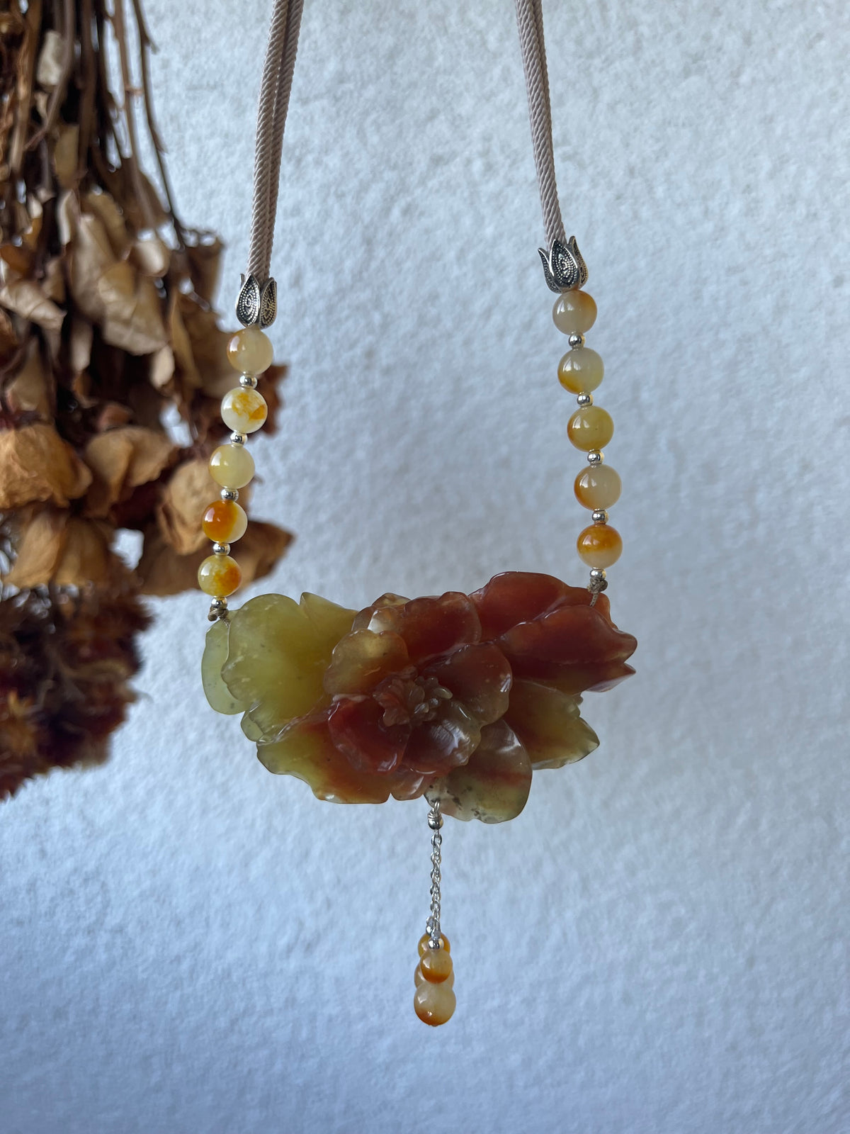 Hand Carved Xiu Jade Peony Pendant