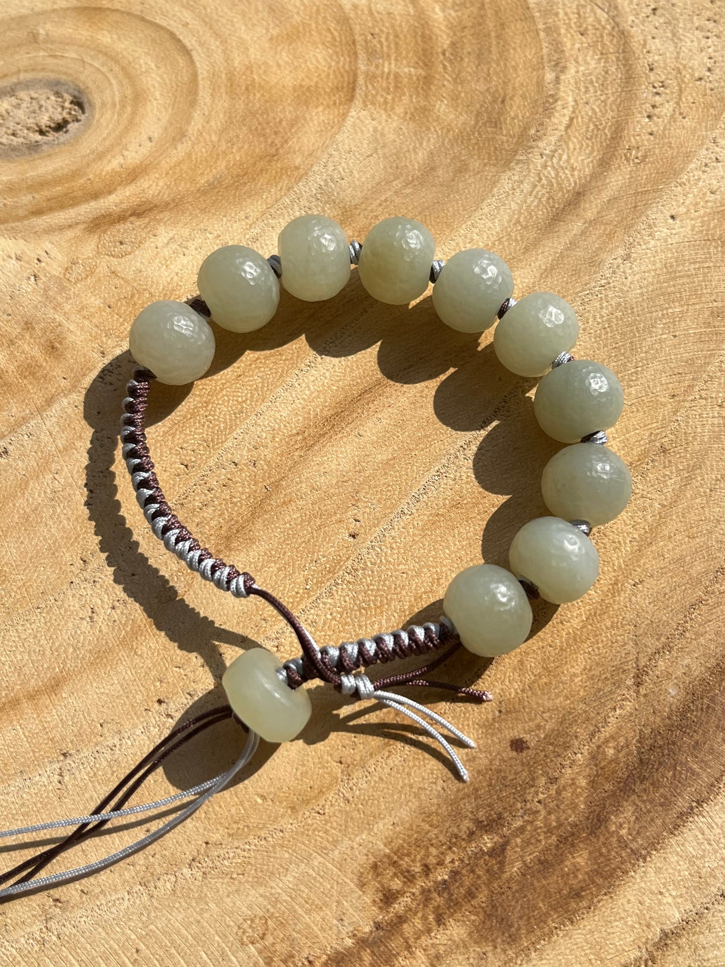 Hand-woven Bracelet with Hand Crafted Hetian Jade Beads (11mm x 9mm), 手编和田玉且末手工老光珠手绳