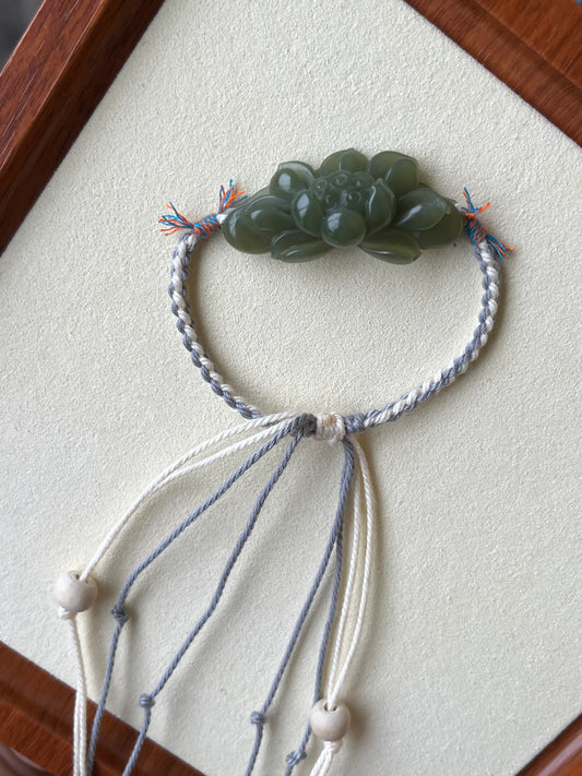 Handmade Bracelet with a Hand Carved Green Hetian Jade Lotus Pendant