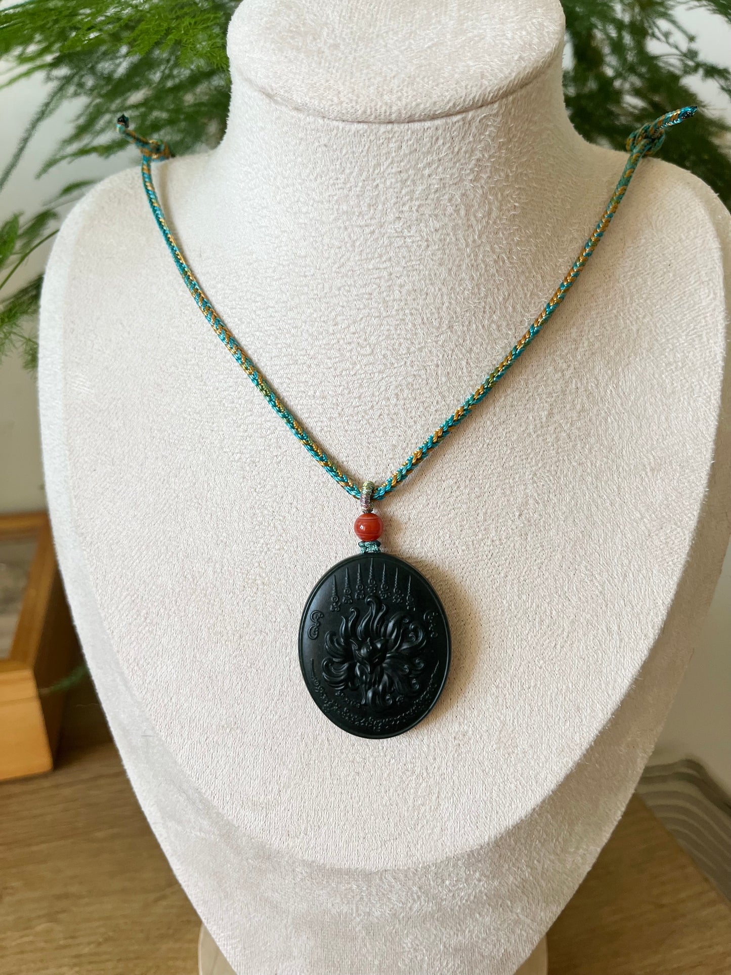 Carved Dark Cyan Hetian Jade Nine-Tailed Fox Pendant, 青玉九尾狐