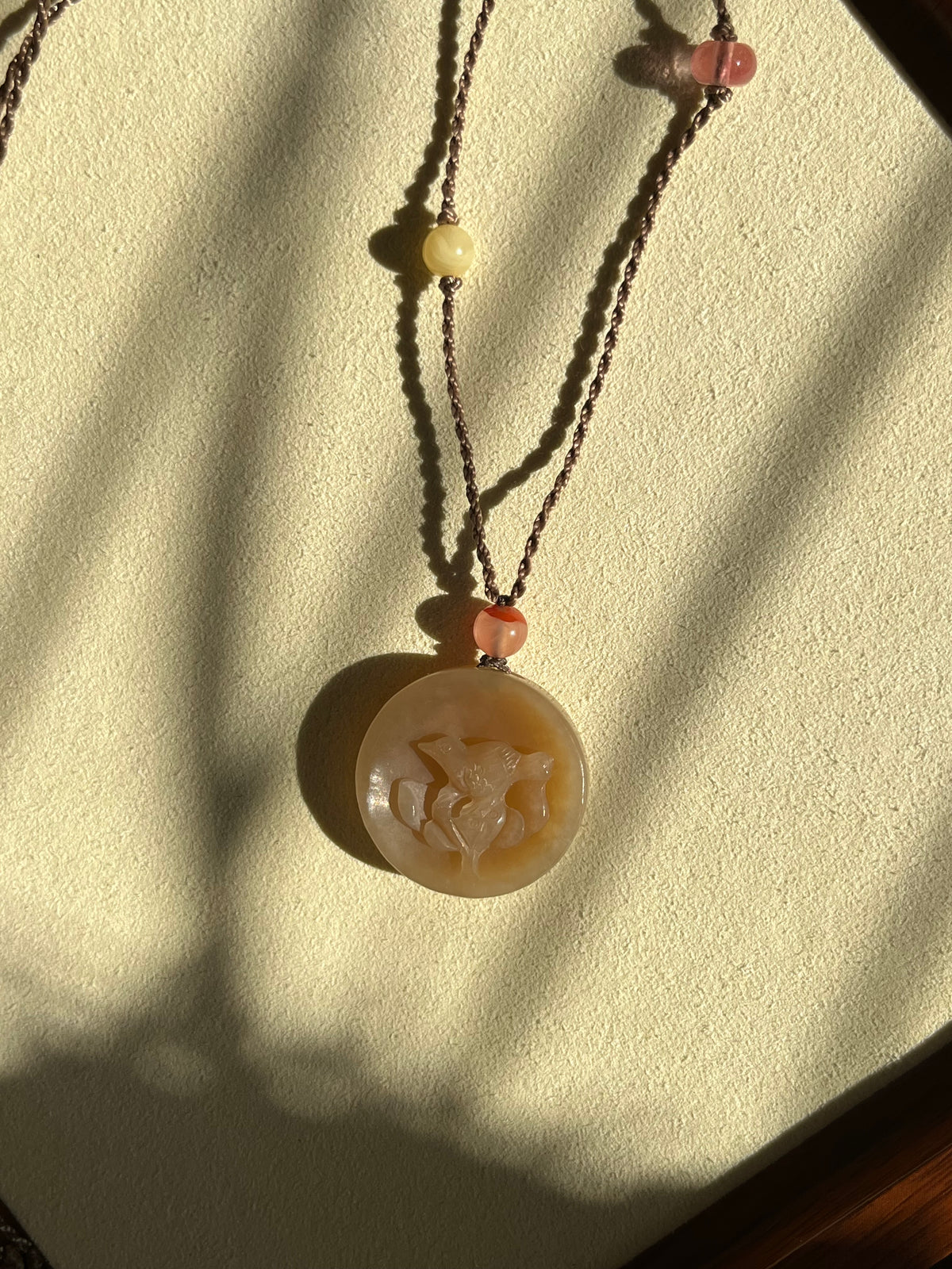 Hand Carved Brown Hetian Jade Lotus and Magpie Pendant
