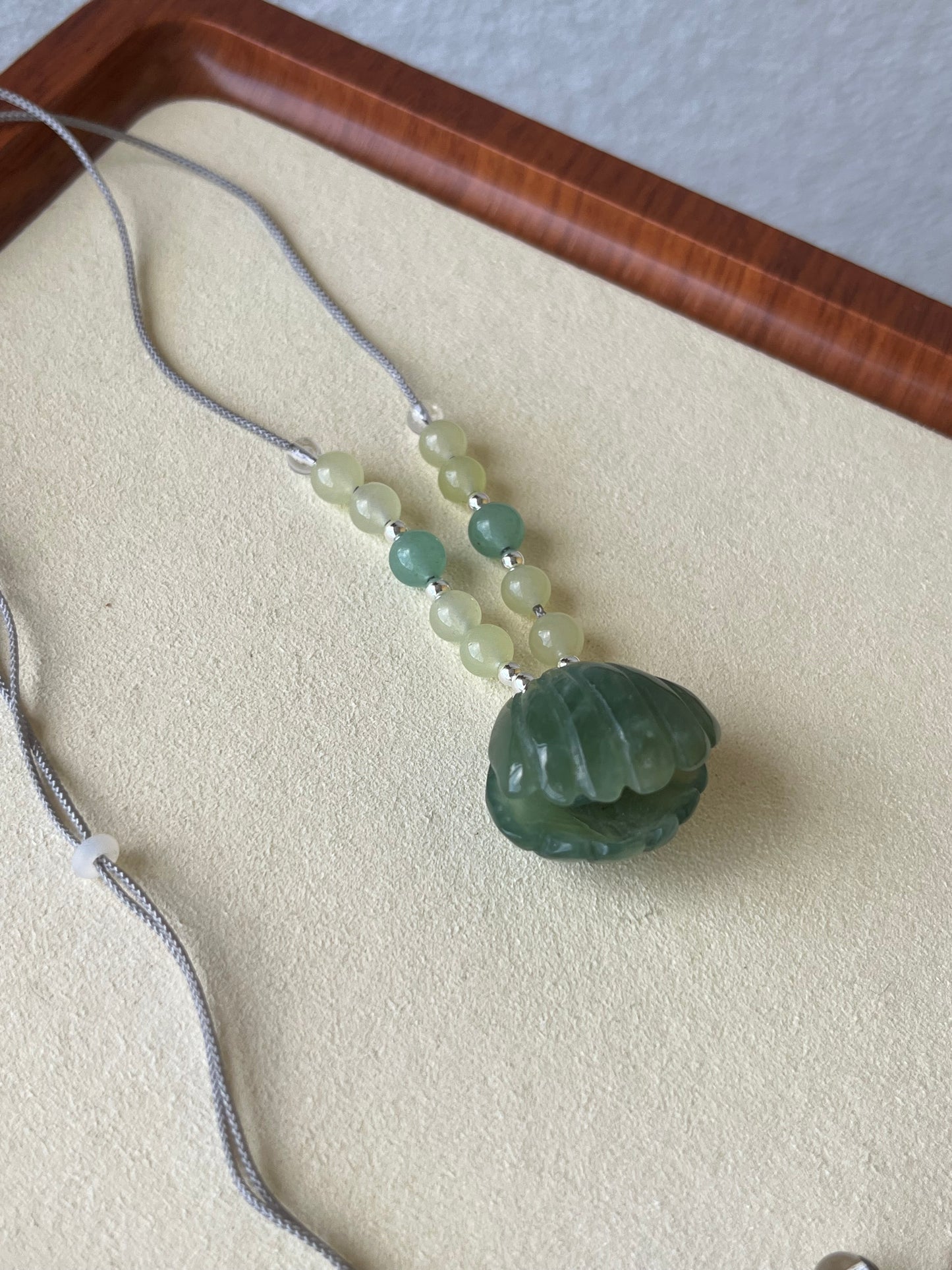 Hand Carved Blue Xiu Jade Shell with Pearl Pendant