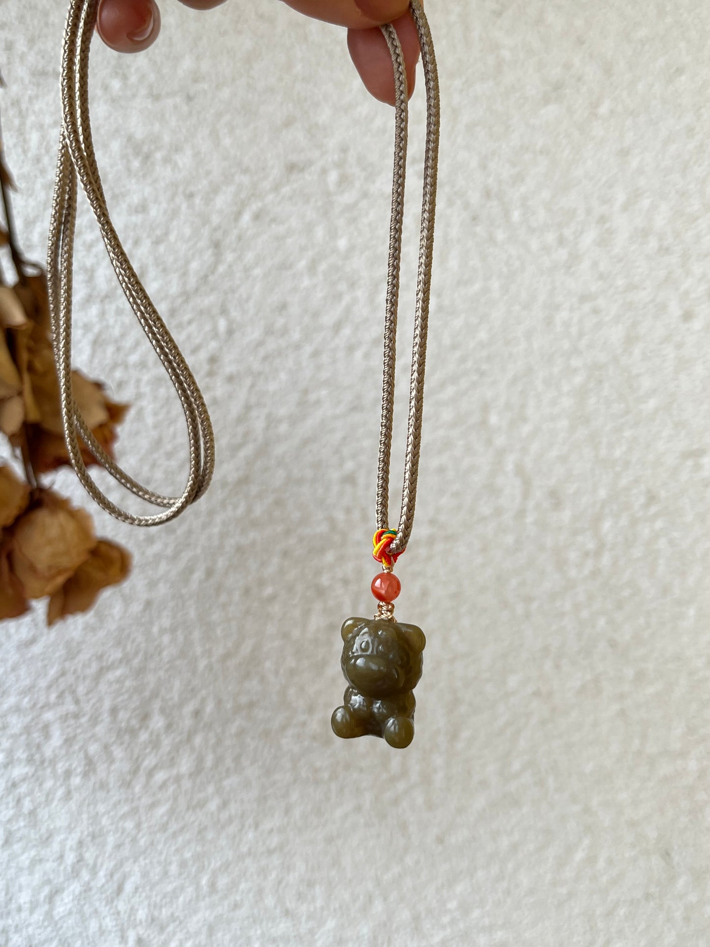Handmade Necklace with a Carved Hetian Brown Jade Bear Pendant