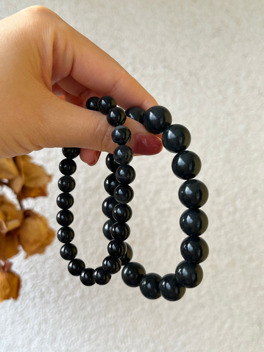 Dark Gray Qinghua Hetian Jade Beaded Bracelets 12mm, 8mm | 和田聚墨青花手串
