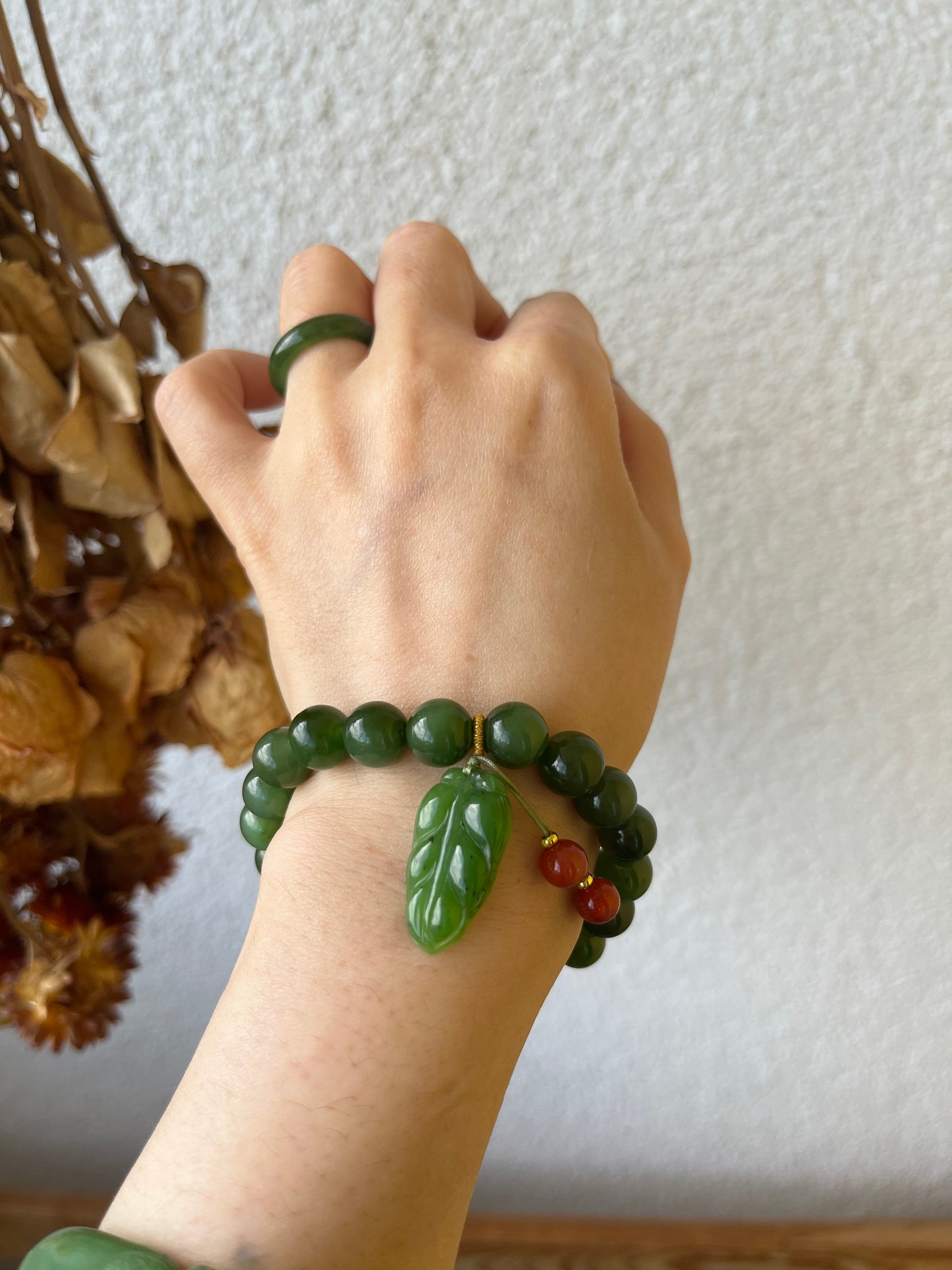 10mm Green Hetian Jade Beaded Bracelet with a Green Leaf Pendant