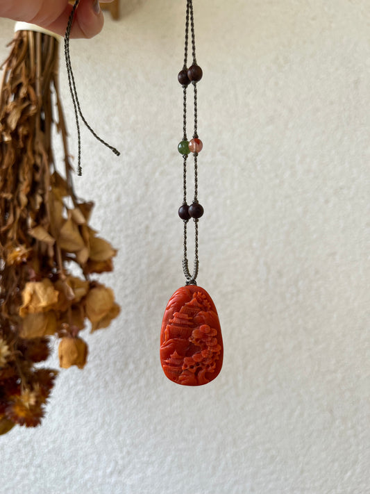 Hand Carved Nanhong Agate Landscape Pendant | 手雕满色肉南红山水