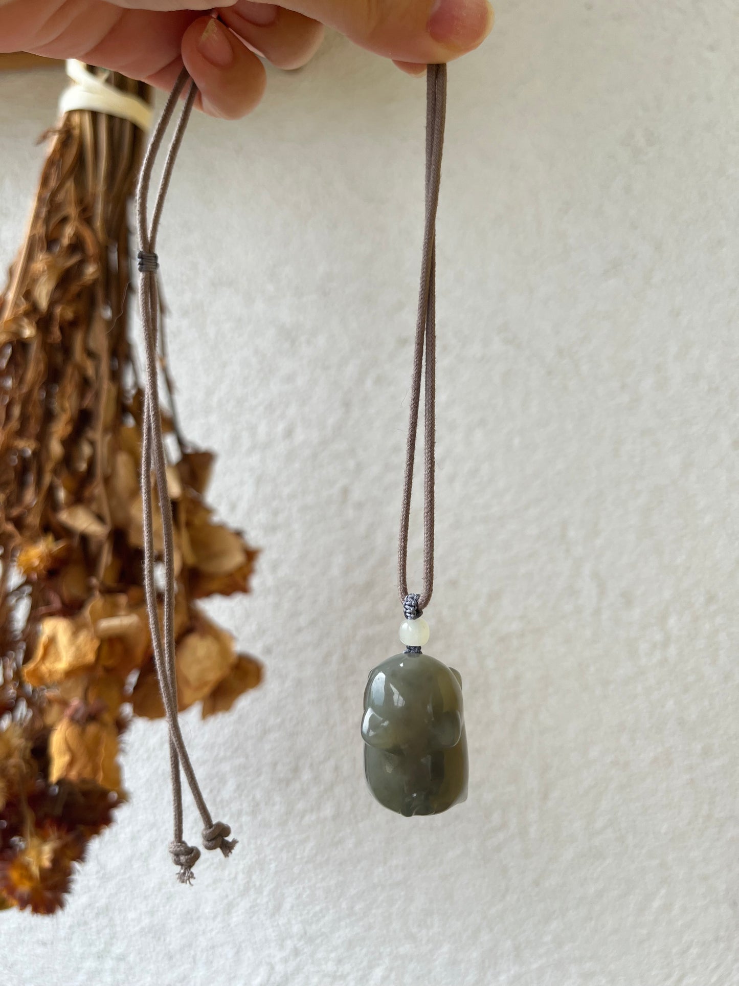 3D Hand Carved Gray Hetian Jade Cat Pendant