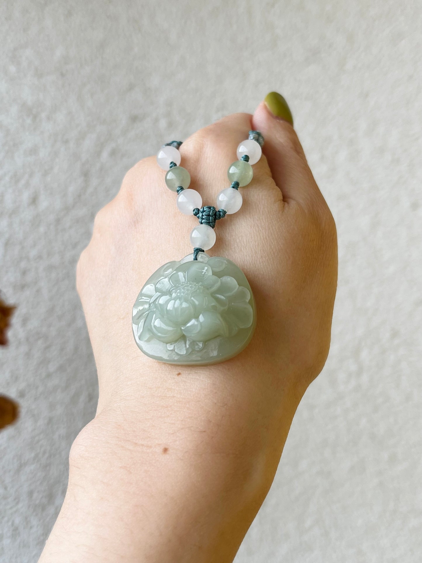 Hand Carved Hetian Jade Peony Flower Ruyi Blessing Lock Pendant, 和田且末奶蓝手雕牡丹如意锁吊坠