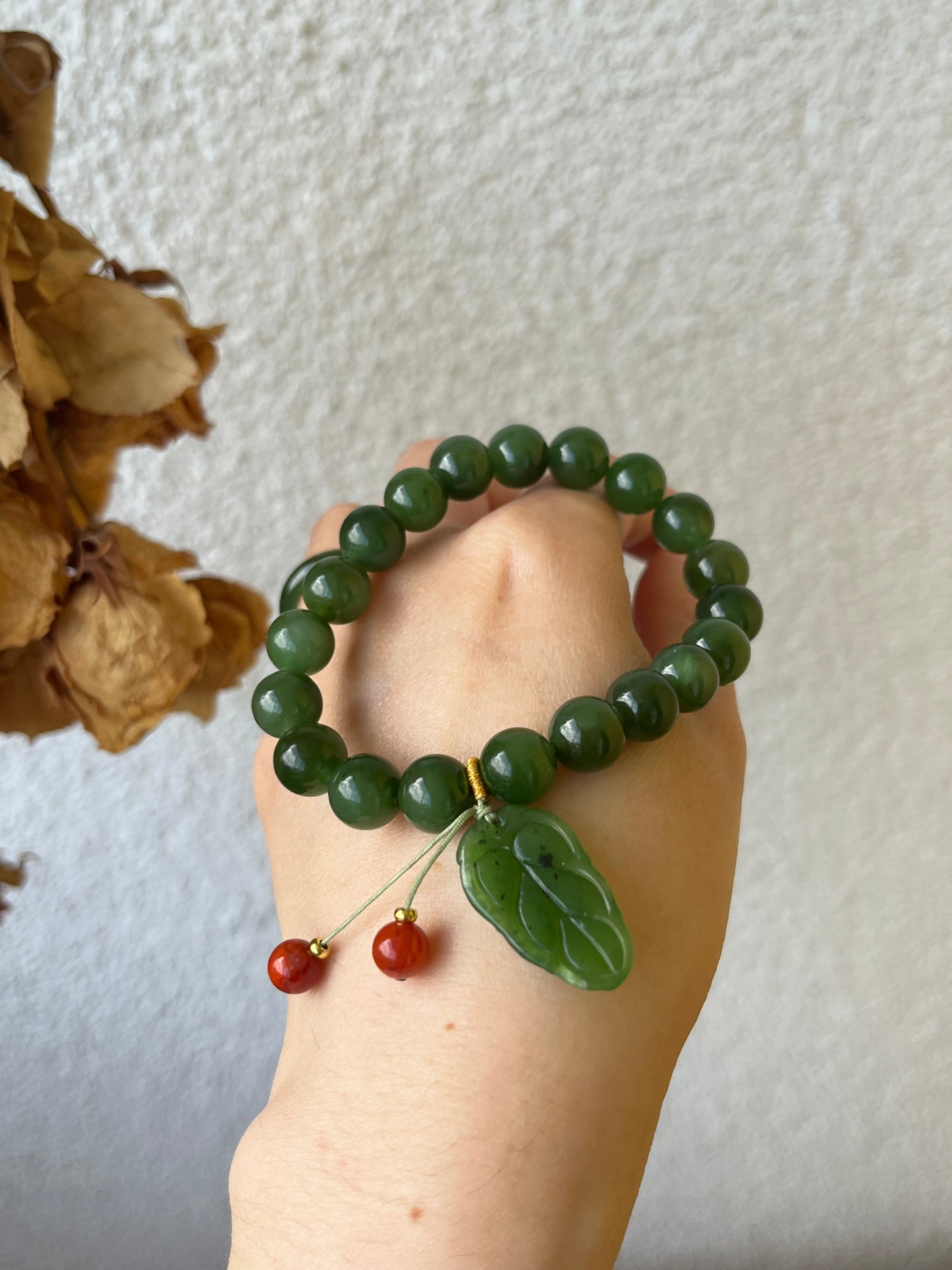 10mm Green Hetian Jade Beaded Bracelet with a Green Leaf Pendant