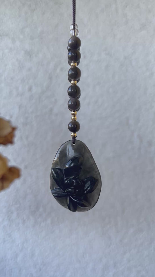 Hand Carved Black Xiu Jade Lotus Necklace