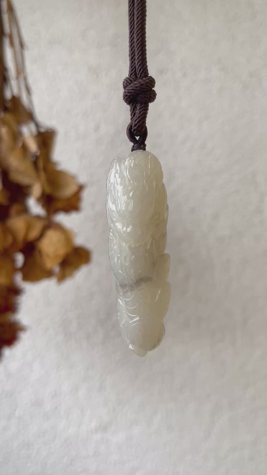 Hand Carved Icy Gray Hetian Jade Dragon Pendant | 手雕和田玉龙牌