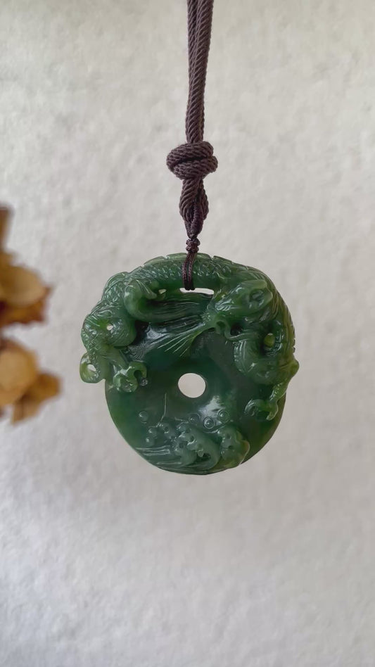 Hand Carved Green Hetian Jade Chinese Dragon | 手雕碧玉龙玉佩