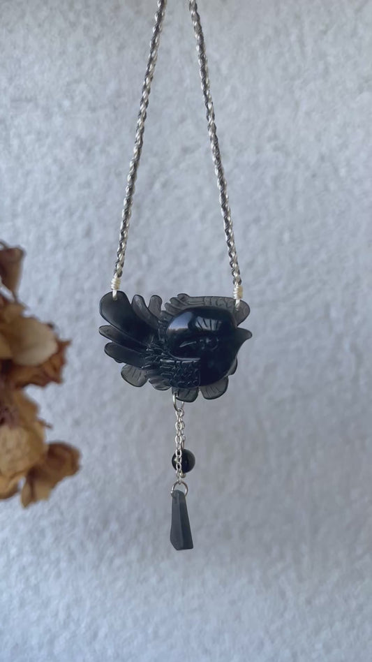 Hand Carved Black Xiu Jade Magpie