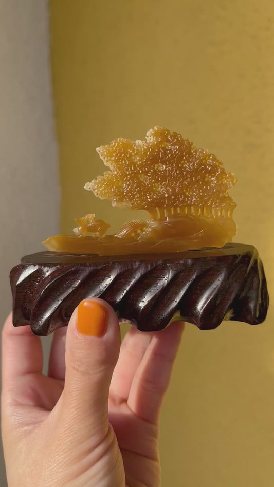 Hand Carved Brown Hetian jADE Deers and Tree Ornament, 手雕和田糖玉小鹿（一路有你）摆件