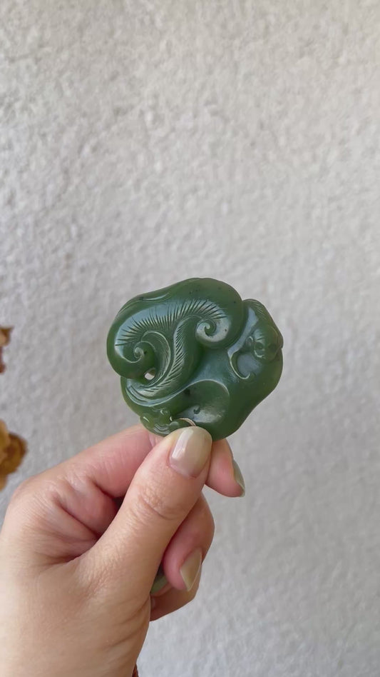 Hand Carved Green Hetian Jade Monkey with Linzhi Ruyi