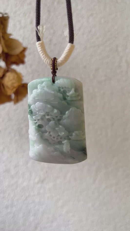 Hand Carved Jadeite Landscape Pendant | 手雕翡翠山水牌
