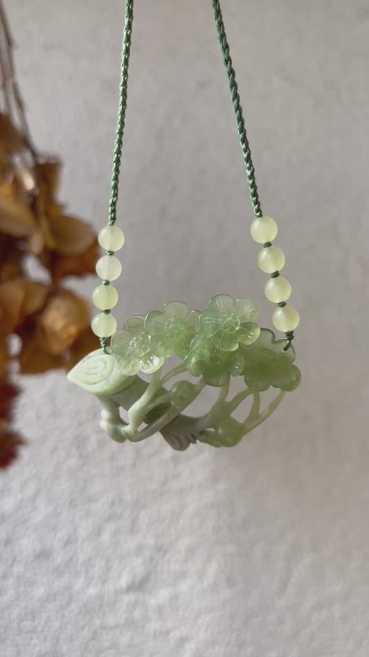 Hand Carved Green Xiu Jade Plum Blossom