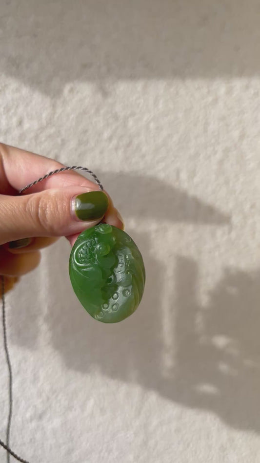 Hand Carved Green Hetian Jade Koi Fish and Lotus Leaf | 手雕碧玉白加绿荷叶金鱼