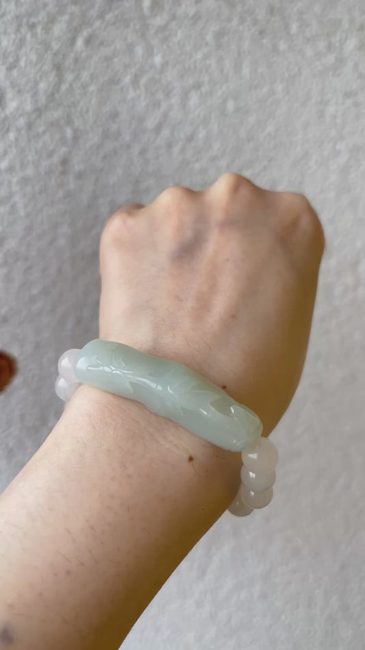 Hand Carved Bluish White Hetian Jade Bamboo Bracelet