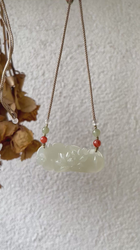 Hand Carved Icy White Hetian Jade Lotus Pendant