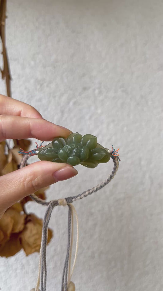 Handmade Bracelet with a Hand Carved Green Hetian Jade Lotus Pendant