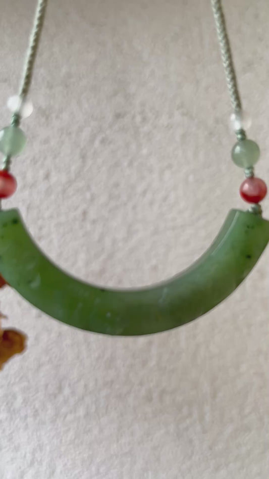 Hand Carved Green Hetian Jade Plum Blossom Arc-shaped Huang Pendant | 手雕碧玉梅花玉璜