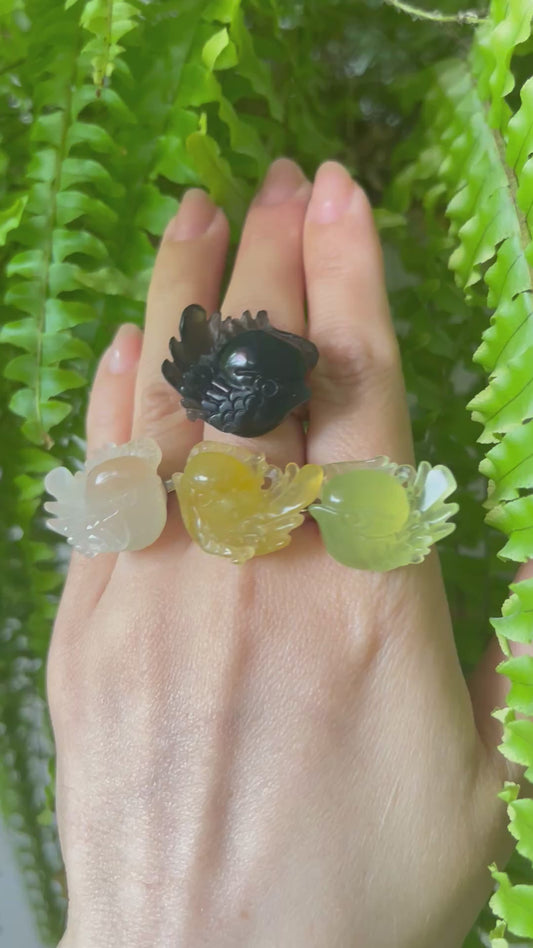 Hand Carved Xiu Jade Magpie Rings