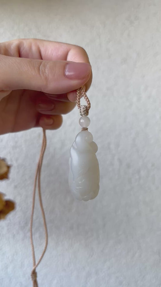 Hand Carved Light Purple Hetian Jade Nine-tailed Fox Pendant