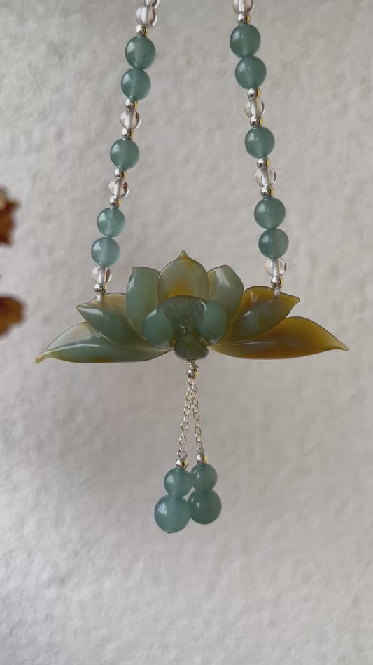 Hand Carved Blue and Brown Xiu Jade Lotus Flower