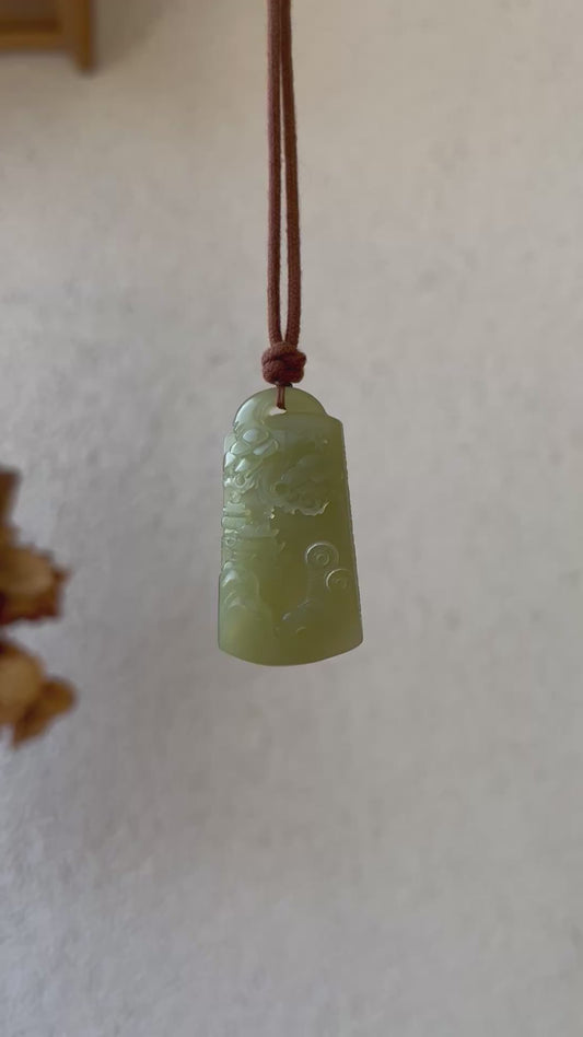 Hand Carved Greenish Yellow Hetian Jade Landscape Pendant, 手雕青黄口山水