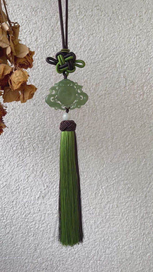 Xiu Jade Dragon and Phoenix Auspicious Pendant Car Hanging | 岫玉龙凤呈祥玉佩车挂