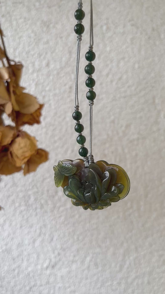 Hand Carved Tea Green Xiu Jade Peony and Butterfly Ruyi Pendant