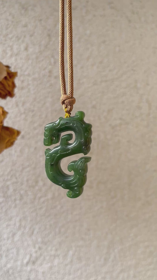 Green Hetian Jade Ancient Style Dragon Pendant | 和田碧玉仿古龙