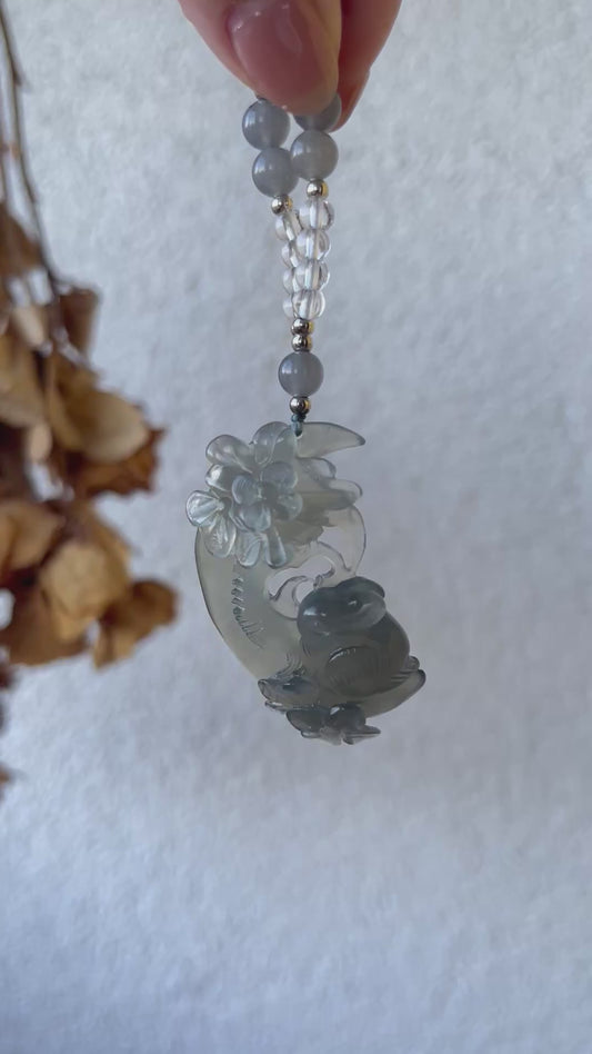 Hand Carved Icy Gray Rabbit on the Moon | 手雕灰冰岫玉月亮兔