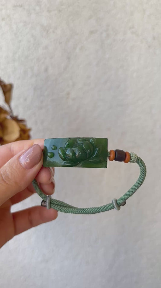Hand Carved Spinach Green Hetian Jade Lotus Bracelet | 手雕菠菜绿和田碧玉荷花手牌
