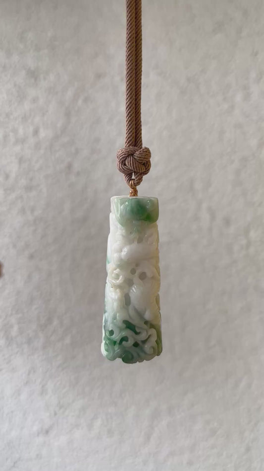 Hand Carved Jadeite Dragon and Phoenix Pillar