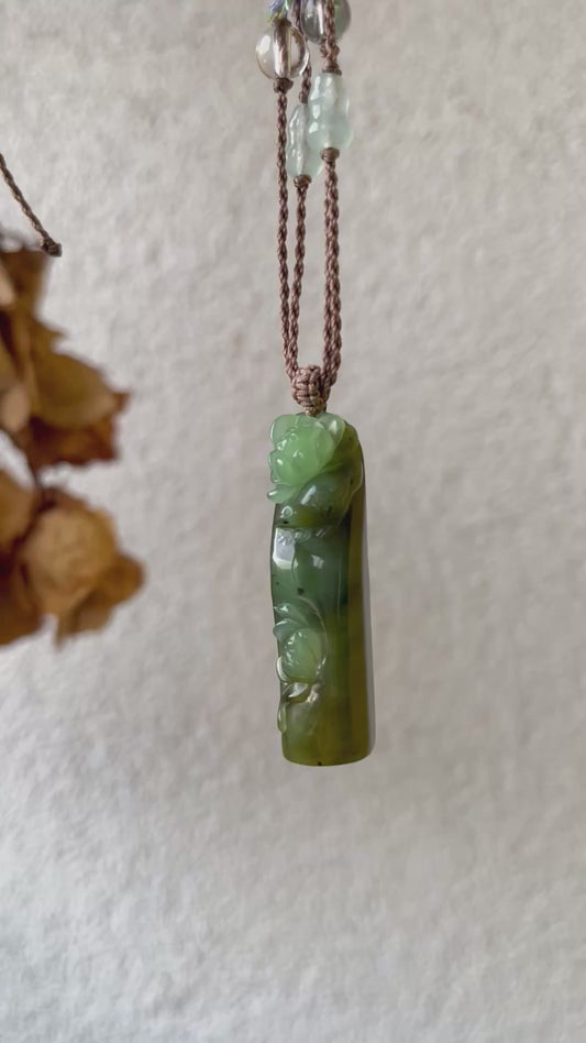 Hand Carved Green Hetian Jade Lotus and Magpie Pendant | 手雕和田碧玉喜鹊荷花吊坠